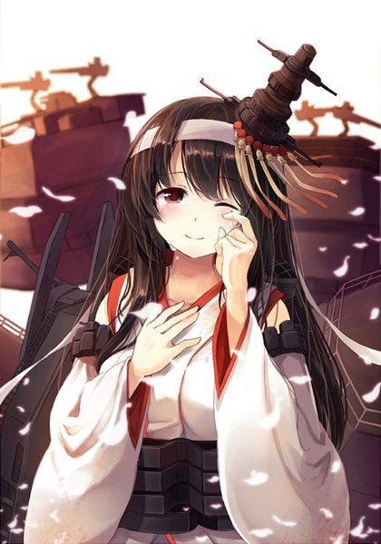 Anime picture 590x842 with kantai collection fusou battleship niichi (komorebi-palette) single long hair tall image looking at viewer blush black hair red eyes traditional clothes japanese clothes one eye closed light smile wind tears hand on chest nontraditional miko happy tears girl