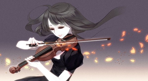 Anime picture 1200x662 with original mimosa single long hair fringe smile wide image fingernails short sleeves puffy sleeves gradient background pale skin eyeshadow playing instrument girl dress petals black dress musical instrument musical note