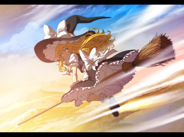 Anime picture 1463x1097 with touhou kirisame marisa nekomamire single long hair blonde hair smile yellow eyes sky cloud (clouds) looking back evening sunset flying girl dress bow frills witch hat broom