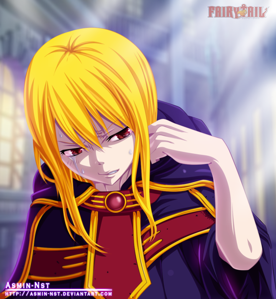 Anime picture 1000x1081 with fairy tail lucy heartfilia iitheluciferii single long hair tall image blonde hair red eyes sunlight inscription copyright name tears coloring crying girl cloak