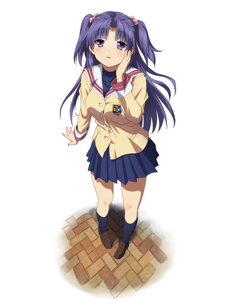 Anime picture 1100x1430 with clannad key (studio) ichinose kotomi mokkei (artist) single long hair tall image blush fringe open mouth simple background white background purple eyes purple hair full body pleated skirt from above two side up hand on cheek girl