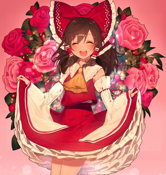 Anime picture 2136x2255 with touhou hakurei reimu kitada mo single long hair tall image blush highres open mouth simple background brown hair eyes closed traditional clothes :d japanese clothes happy pink background miko ^ ^ ^o^