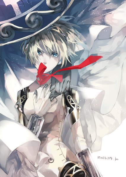 Anime picture 567x800 with persona 3 persona aegis syokumura tall image looking at viewer short hair blue eyes blonde hair dated covered mouth mechanical girl gloves white gloves android
