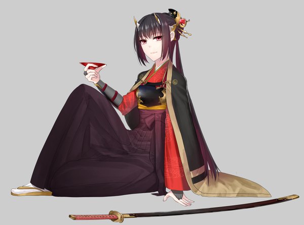 Anime picture 2000x1482 with original ei (allegro) single long hair highres black hair simple background smile red eyes sitting traditional clothes horn (horns) grey background oni horns girl hair ornament weapon sword hairclip katana