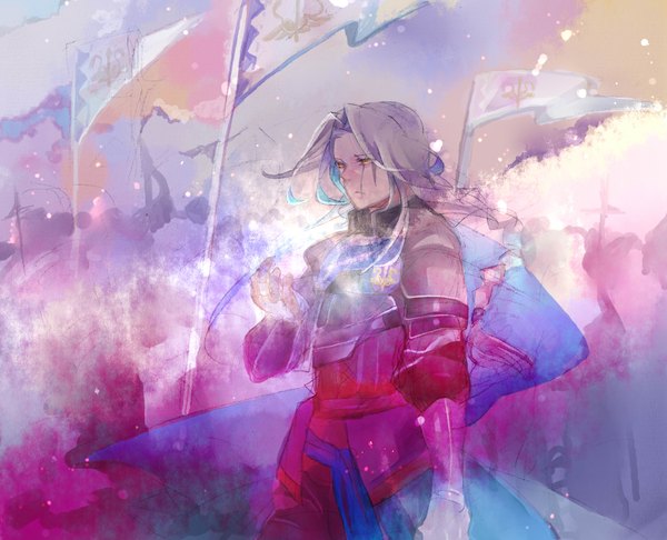 Anime picture 1834x1488 with legend of the legendary heroes zexcs sion astal jinmasin long hair highres yellow eyes silver hair braid (braids) single braid boy armor cloak flag