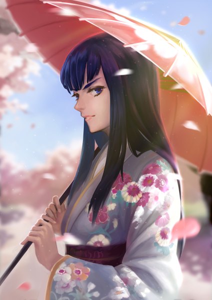 Anime picture 900x1273 with kill la kill studio trigger kiryuuin satsuki konoy single long hair tall image looking at viewer fringe blue eyes black hair traditional clothes japanese clothes alternate costume cherry blossoms floral print spring girl plant (plants) petals