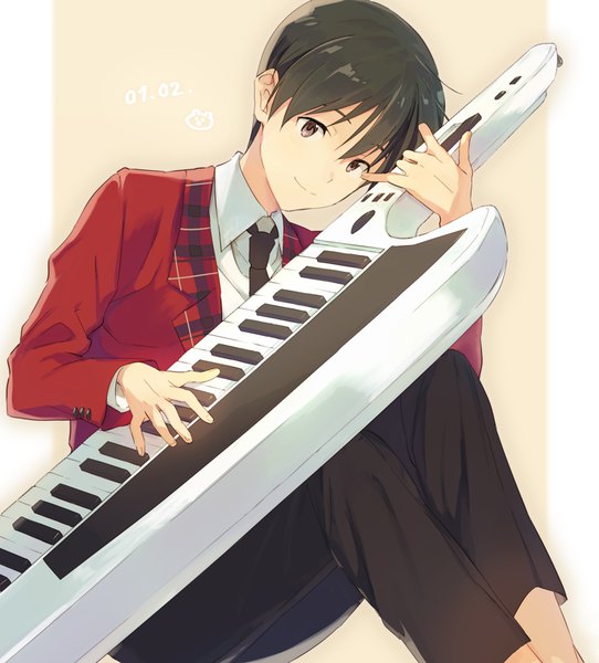 Anime picture 750x829 with idolmaster idolmaster side-m fuyumi jun map (map imas) single tall image fringe short hair black hair simple background smile hair between eyes sitting black eyes boy necktie musical instrument keyboard (instrument) keytar