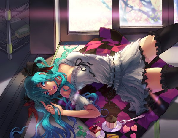 Anime picture 1500x1167 with vocaloid world is mine (vocaloid) hatsune miku catwyz single long hair lying aqua eyes aqua hair cherry blossoms checkered girl thighhighs dress ribbon (ribbons) black thighhighs hair ribbon food window sweets