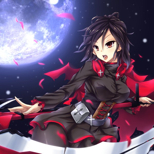 Anime picture 1400x1400 with rwby rooster teeth ruby rose fi-san single short hair open mouth black hair red eyes looking away girl dress weapon petals moon cape scythe