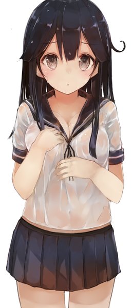 Anime picture 1200x2800 with kantai collection ushio destroyer kou mashiro single long hair tall image blush fringe breasts open mouth light erotic black hair simple background large breasts standing white background brown eyes cleavage pleated skirt :o