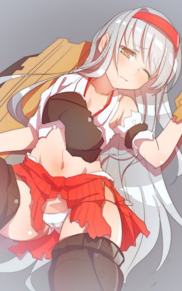 Anime picture 900x1440 with kantai collection shoukaku aircraft carrier namago single long hair tall image looking at viewer light erotic simple background brown eyes white hair lying one eye closed wink grey background torn clothes cameltoe girl navel underwear