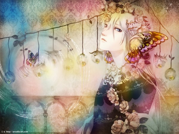 Anime picture 1309x982 with original yuu (arcadia) long hair blue eyes white hair girl flower (flowers) insect butterfly