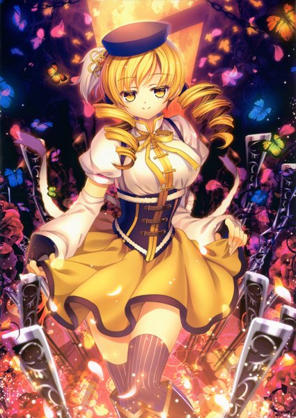 Anime picture 2504x3534 with mahou shoujo madoka magica shaft (studio) tomoe mami capura lin single long hair tall image looking at viewer highres blonde hair smile yellow eyes drill hair girl thighhighs dress weapon petals gun insect