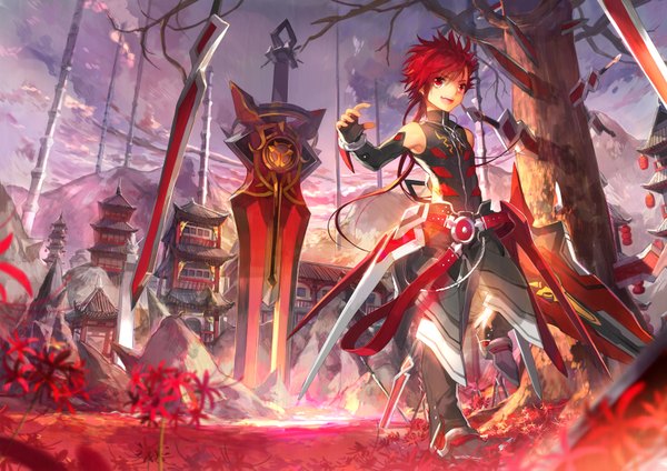 Anime picture 1600x1131 with elsword elsword (character) scorpion5050 single short hair open mouth red eyes standing bare shoulders looking away sky cloud (clouds) red hair open clothes bare tree mechanical boy flower (flowers) weapon plant (plants)