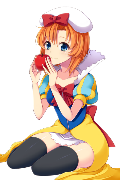 Anime picture 960x1440 with higurashi no naku koro ni snow white and the seven dwarfs studio deen ryuuguu rena uzu hi single tall image short hair blue eyes smile orange hair transparent background cosplay girl thighhighs dress bow black thighhighs beret fruit