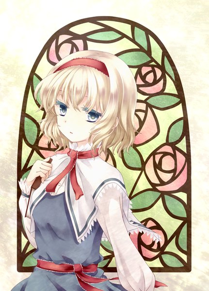 Anime picture 1000x1390 with touhou alice margatroid kai aki (artist) single tall image looking at viewer short hair blue eyes blonde hair girl dress hairband book (books) stained glass