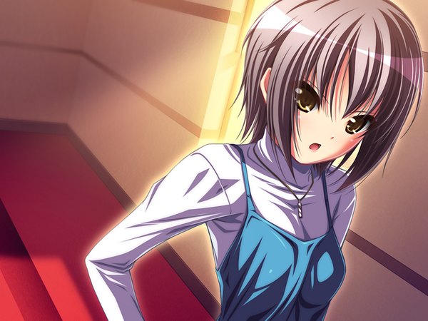 Anime picture 1024x768 with bloods (game) short hair open mouth brown hair yellow eyes game cg girl