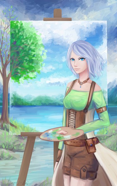 Anime picture 2521x4000 with lon-li-mei single tall image looking at viewer highres short hair breasts blue eyes standing holding silver hair long sleeves light smile wind underboob landscape lacing lake drawing girl