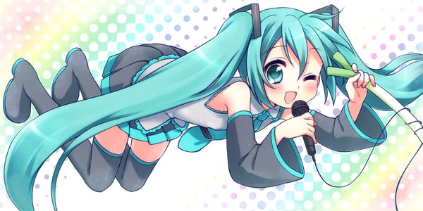 Anime picture 1500x750 with vocaloid hatsune miku usashiro mani long hair blush open mouth wide image twintails one eye closed aqua eyes wink aqua hair girl detached sleeves thigh boots microphone wire (wires) leek