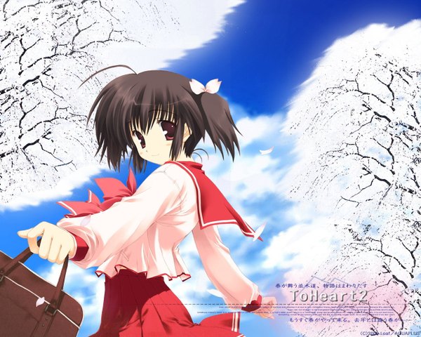 Anime picture 1280x1024 with to heart 2 leaf (studio) yuzuhara konomi mitsumi misato single looking at viewer fringe short hair black hair hair between eyes red eyes brown hair twintails payot sky cloud (clouds) ahoge outdoors light smile wallpaper