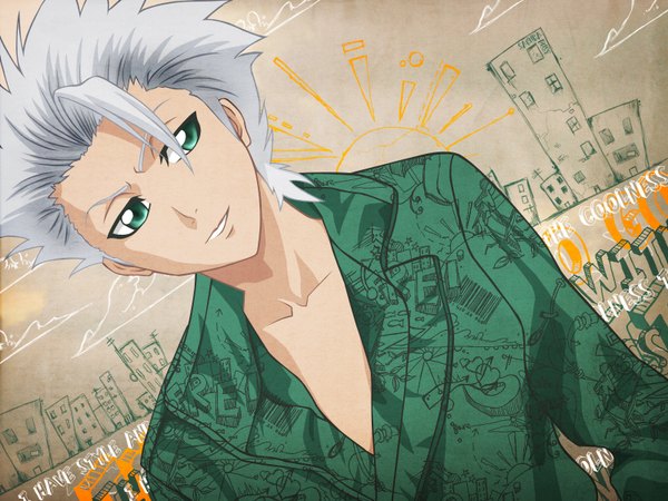 Anime picture 1600x1200 with bleach studio pierrot hitsugaya toushirou green eyes white hair drawing boy shirt building (buildings) sun