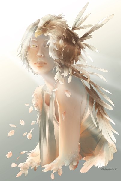 Anime picture 890x1325 with original re (artist) tall image looking at viewer short hair open mouth simple background blonde hair yellow eyes sunlight inscription boy animal petals bird (birds) feather (feathers) tank top eagle