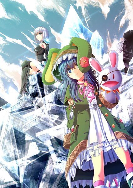 Anime picture 744x1052 with date a live tobiichi origami yoshino (date a live) yoshinon windfeathers long hair tall image short hair blue eyes multiple girls blue hair sky silver hair cloud (clouds) loli girl dress 2 girls hood toy