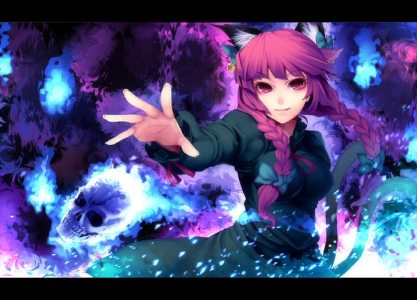 Anime picture 1000x720 with touhou kaenbyou rin irohara mitabi single long hair red eyes animal ears red hair braid (braids) cat ears cat girl cat tail glowing letterboxed girl dress bow hair bow skull