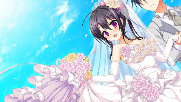 Anime picture 1280x720 with hanasaki work spring koutsuki kanna arisue tsukasa long hair blush fringe breasts open mouth black hair wide image game cg sky cloud (clouds) pink eyes girl dress boy gloves elbow gloves wedding dress