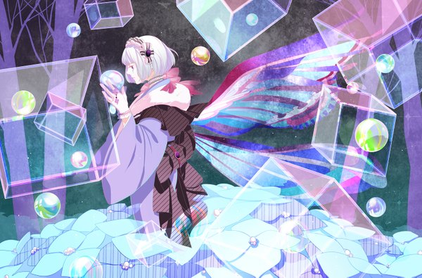 Anime picture 1500x989 with original roko (artist) single fringe short hair holding traditional clothes japanese clothes profile pink eyes grey hair dark background striped insect wings butterfly wings girl gloves hair ornament flower (flowers) plant (plants)