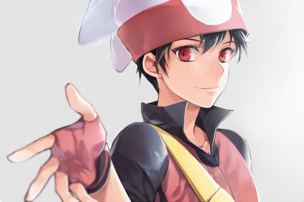 Anime picture 1200x801 with pokemon pokemon special nintendo ruby (pokemon) obo (artist) single short hair black hair simple background smile red eyes outstretched arm portrait blue background boy gloves fingerless gloves cap