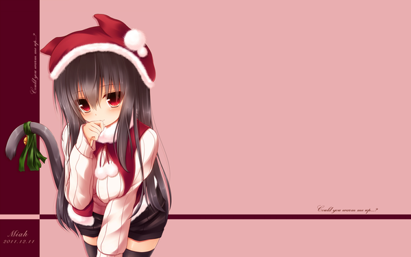 Anime picture 3200x2000 with original mia flatpaddy syroh single long hair looking at viewer blush highres black hair red eyes wide image animal ears cat ears cat girl cat tail finger to mouth girl thighhighs ribbon (ribbons) black thighhighs