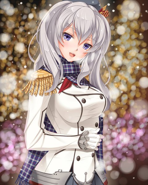Anime picture 800x1000 with kantai collection kashima training cruiser hammerman benkei single long hair tall image looking at viewer fringe open mouth blue eyes hair between eyes silver hair snowing girl gloves uniform white gloves scarf military uniform epaulettes