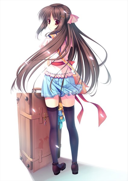 Anime picture 1061x1500 with futaori arisa single long hair tall image red eyes brown hair white background looking back from behind girl thighhighs skirt bow black thighhighs hair bow miniskirt teddy bear
