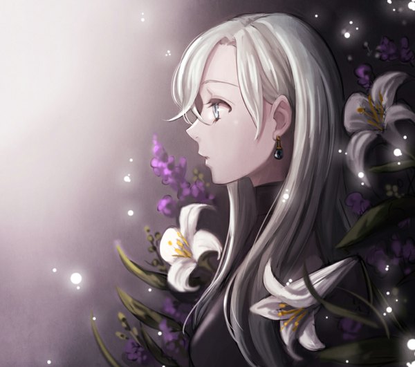 Anime picture 903x800 with nanatsu no taizai a-1 pictures elizabeth liones days (artist) single long hair fringe breasts blue eyes looking away parted lips profile lips glow girl flower (flowers) earrings lily (flower)
