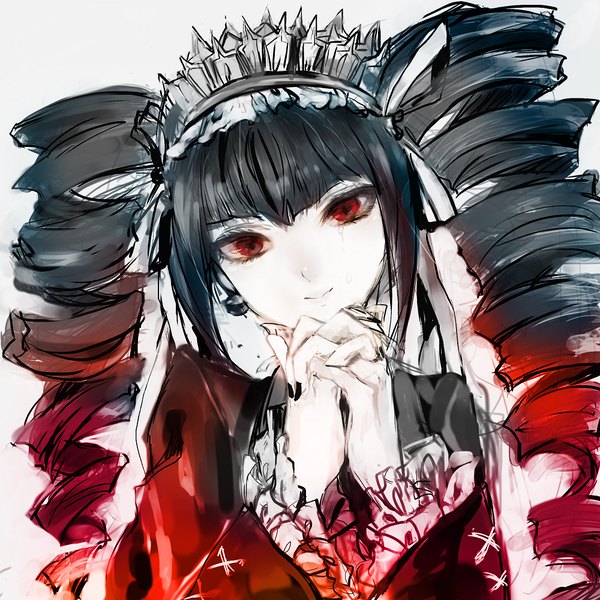 Anime picture 1000x1000 with dangan ronpa celestia ludenberg nail olish single long hair looking at viewer black hair simple background red eyes white background twintails multicolored hair fingernails light smile two-tone hair drill hair girl ribbon (ribbons) hair ribbon hairband