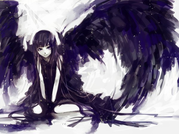 Anime picture 1300x975 with original matsunaka hiro single black hair smile sitting purple eyes very long hair girl wings