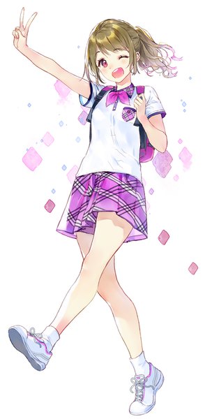 Anime picture 703x1434 with original macciatto (aciel02) single tall image looking at viewer short hair open mouth simple background brown hair white background full body ponytail one eye closed pink eyes wink outstretched arm victory ;d walking plaid