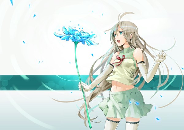 Anime picture 1000x707 with original yuugen single long hair open mouth blue eyes bare shoulders grey hair girl thighhighs skirt gloves flower (flowers) miniskirt petals white thighhighs elbow gloves