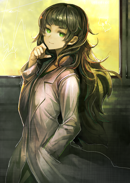 Anime picture 868x1228 with steins;gate white fox hiyajou maho koruse single long hair tall image looking at viewer fringe smile green eyes green hair dark background eyebrows hand in pocket girl window labcoat