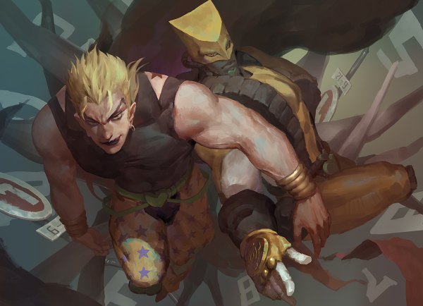 Anime picture 1200x868 with jojo no kimyou na bouken dio brando the world cancer (zjcconan) looking at viewer short hair blonde hair bare shoulders yellow eyes from above lipstick muscle boy bracelet tongue traffic sign