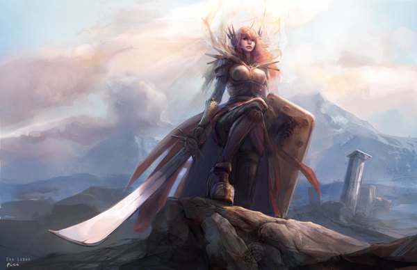 Anime picture 1600x1035 with league of legends leona (league of legends) ewalabak single long hair looking at viewer blonde hair signed sky cloud (clouds) magic scar mountain ruins girl gloves hair ornament weapon sword armor