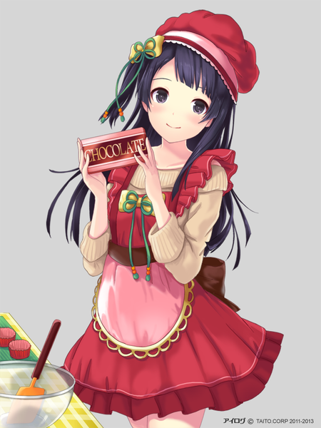 Anime picture 640x853 with ilog nekota tokiko occhan single long hair tall image blush fringe black hair simple background smile standing brown eyes grey background one side up girl bow hat food sweets