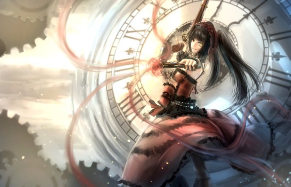 Anime picture 2000x1292 with date a live tokisaki kurumi kikivi single long hair looking at viewer highres black hair red eyes yellow eyes heterochromia lolita fashion uneven twintails girl dress weapon detached sleeves boots gun clock