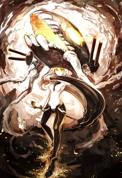 Anime picture 1026x1500 with kantai collection wo-class aircraft carrier kusakanmuri single long hair tall image looking at viewer fringe yellow eyes white hair covered navel glowing glowing eye (eyes) glow shinkaisei-kan girl weapon armor gun bodysuit