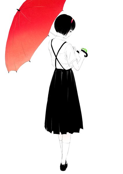 Anime picture 1280x1810 with original sousou (sousouworks) single tall image blush short hair black hair simple background standing white background holding full body profile pleated skirt from behind black eyes monochrome girl skirt shirt