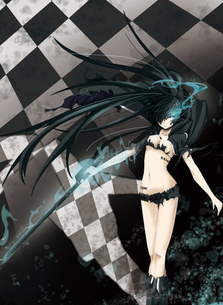Anime picture 1959x2676 with black rock shooter black rock shooter (character) ruruta (artist) single long hair tall image fringe highres breasts blue eyes light erotic black hair hair over one eye torn clothes glowing glowing eye (eyes) girl weapon sword shorts