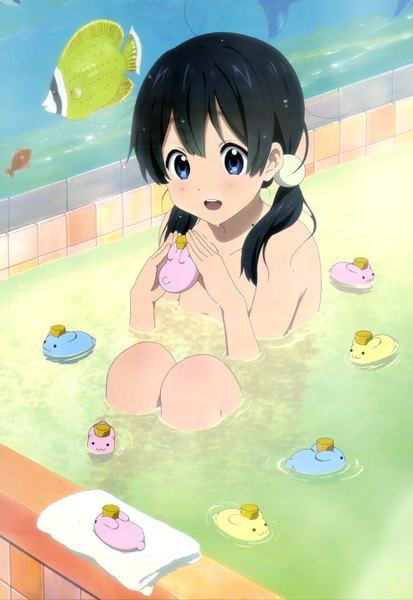 Anime picture 4085x5933 with tamako market kyoto animation nyantype kitashirakawa tamako single long hair tall image highres open mouth blue eyes light erotic black hair twintails absurdres official art girl water toy towel bath