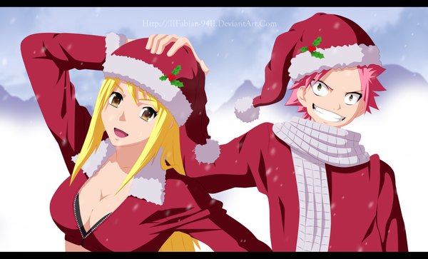 Anime picture 3183x1928 with fairy tail lucy heartfilia natsu dragneel fabiansm long hair highres short hair open mouth blonde hair smile wide image yellow eyes pink hair sky cloud (clouds) fur trim couple grin coloring snowing