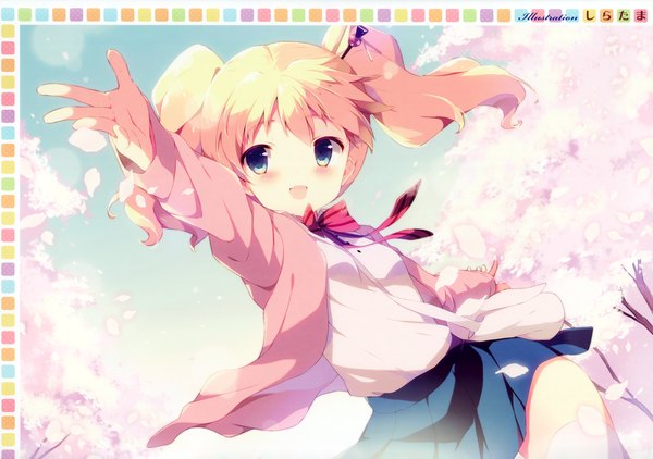 Anime picture 3501x2464 with kin-iro mosaic alice carteret shiratama (shiratamaco) single long hair blush fringe highres open mouth blue eyes blonde hair twintails signed looking away absurdres sky :d cherry blossoms spread arms spring